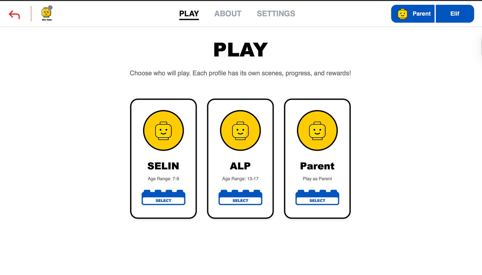 Pick who plays — Mini-Talks Play screen