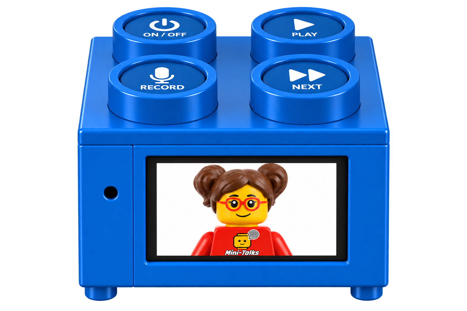 Brick-Talks front view with a personalized character and four physical controls