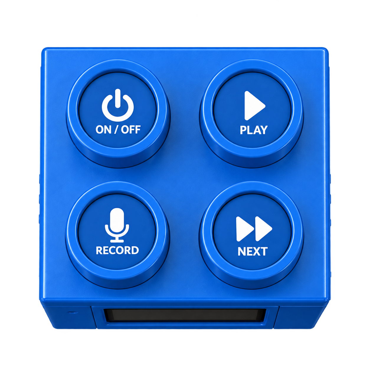 Top view showing ON/OFF, PLAY, RECORD and NEXT buttons