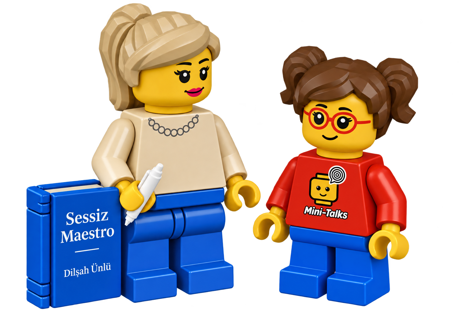 Minifigures of Dilşah Ünlü and my younger sister, beside a blue book marked Sessiz Maestro