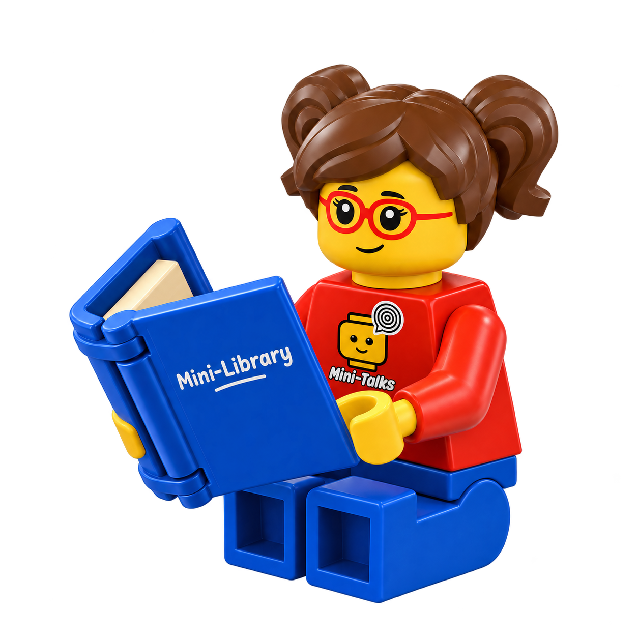 My sister’s minifigure sitting and reading a blue Mini-Library book
